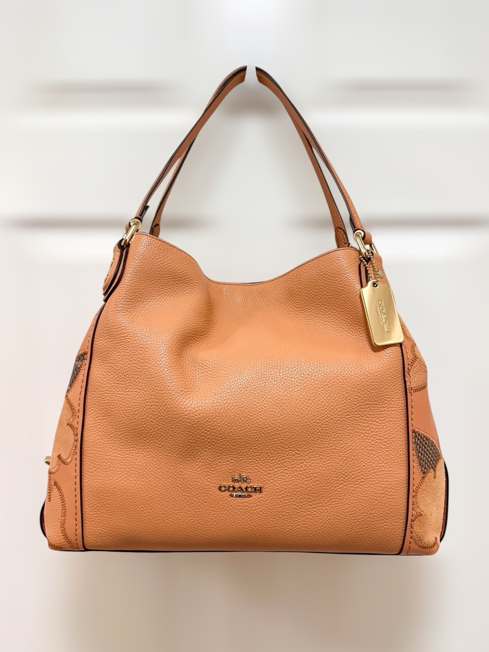 Coach Edie 31 Beechwood Pebble Leather Tea Rose Snakeskin Patchwork Shoulder Bag